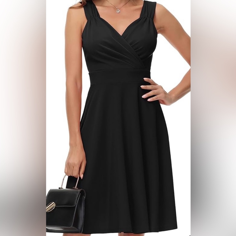 NWT Grace Karin Black Fit-and-Flare Wrap V Neck Cocktail Party Dress Large - Picture 3 of 8